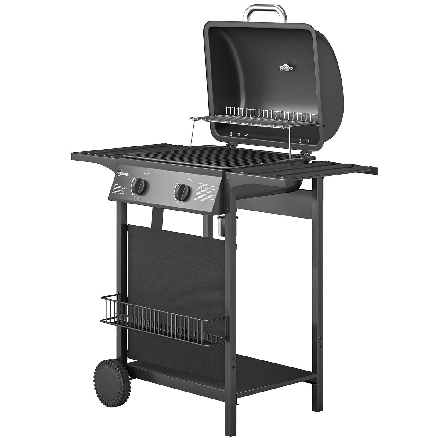 2 Burner Propane Gas Grill, 18000 BTU BBQ Grill with Wheels, Warming Rack, Shelf, Thermometer, Grease Cup, Black