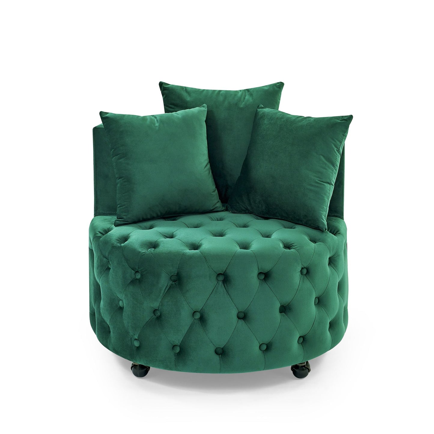 Velvet Upholstered Swivel Chair for Living Room, with Button Tufted Design and Movable Wheels, Including 3 Pillows