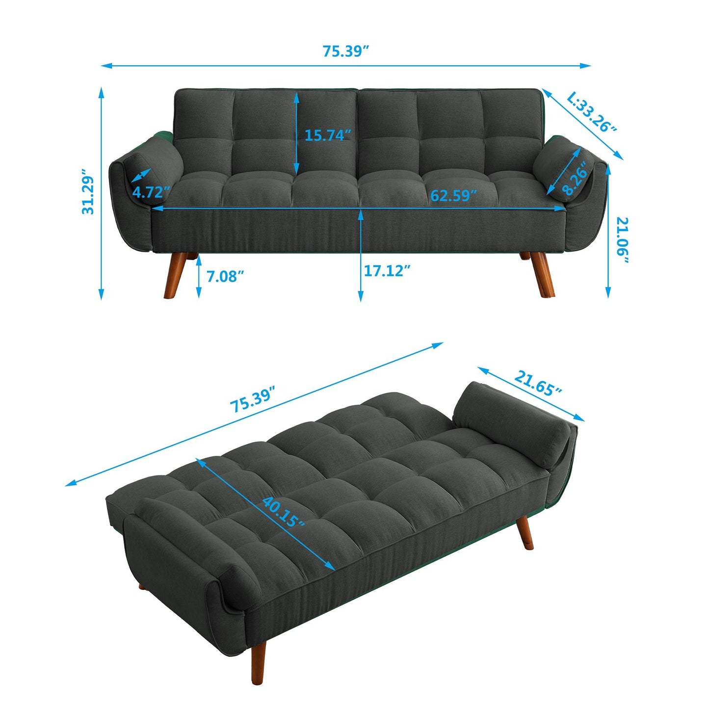 75" Flared Arm Convertible Sleeper Sofa-Dark Gray