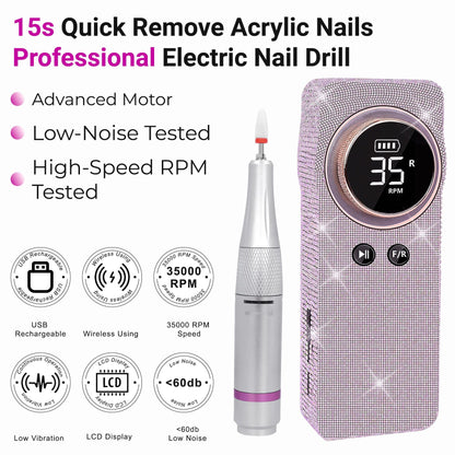 Portable Electric Nail Drill 35000RPM Nails Milling Cutter Wireless Pedicure Grinder Rechargeable Nail Drilling Machine (Silver)