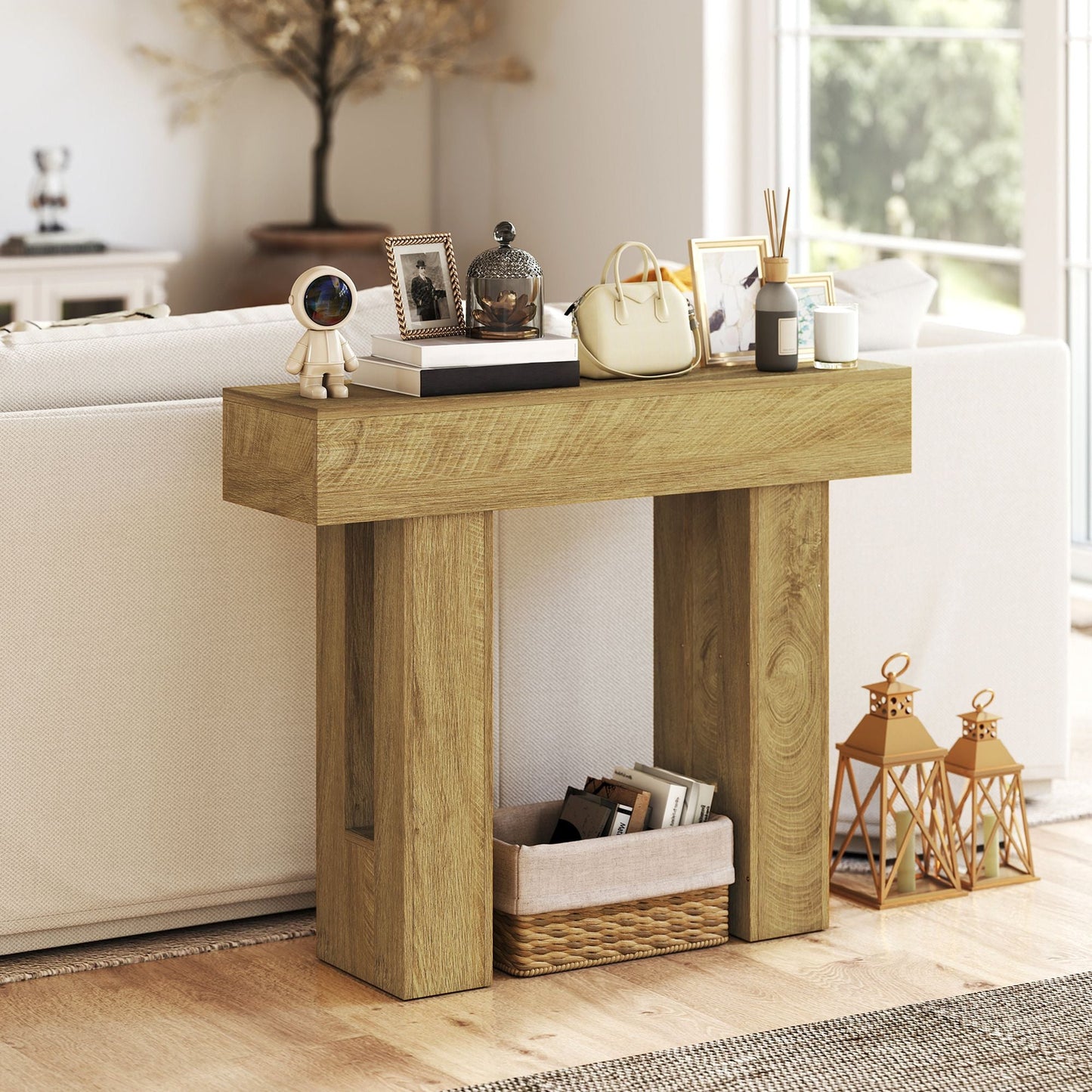 42 Inch Console Table, Sofa Table Behind the Couch with Thickened Tabletop for Living Room, Hallway, Entrance, Oak