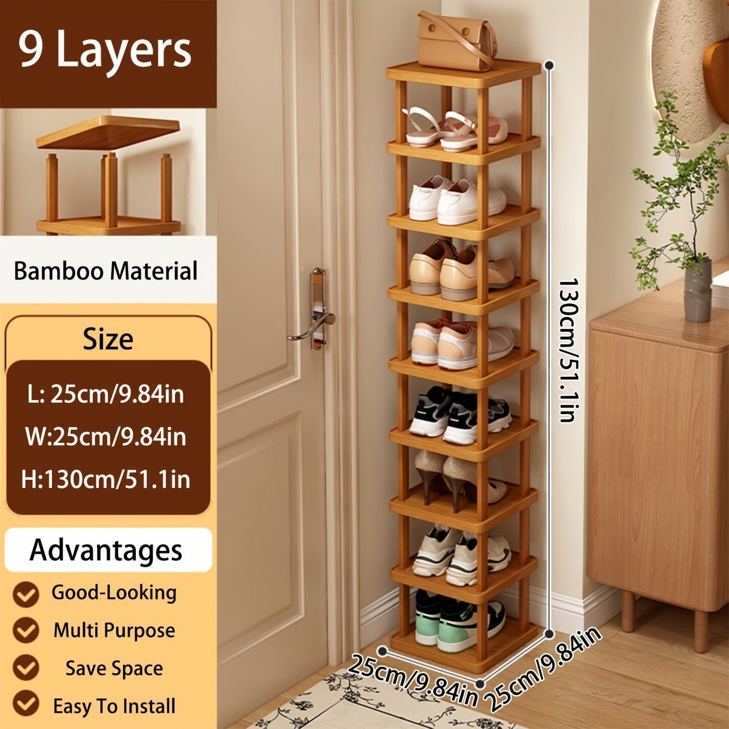 Versatile Bamboo Expandable Folding Storage Rack - 3/6/9 Layer Organizer for Any Room, No Assembly Needed!