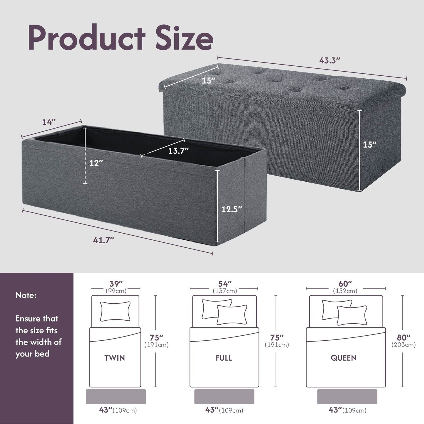 Folding Storage Ottoman Bench, Ottoman Foot Rest, End of Bed Bench, Storage Chest, for Living Room, Bedroom, Entryway, 43 Inches, Gray