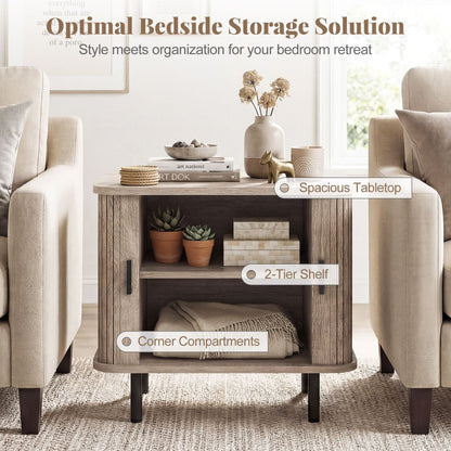 End Table Modern Mid Century Nightstand with Sliding Tambour Doors and Storage Shelf
