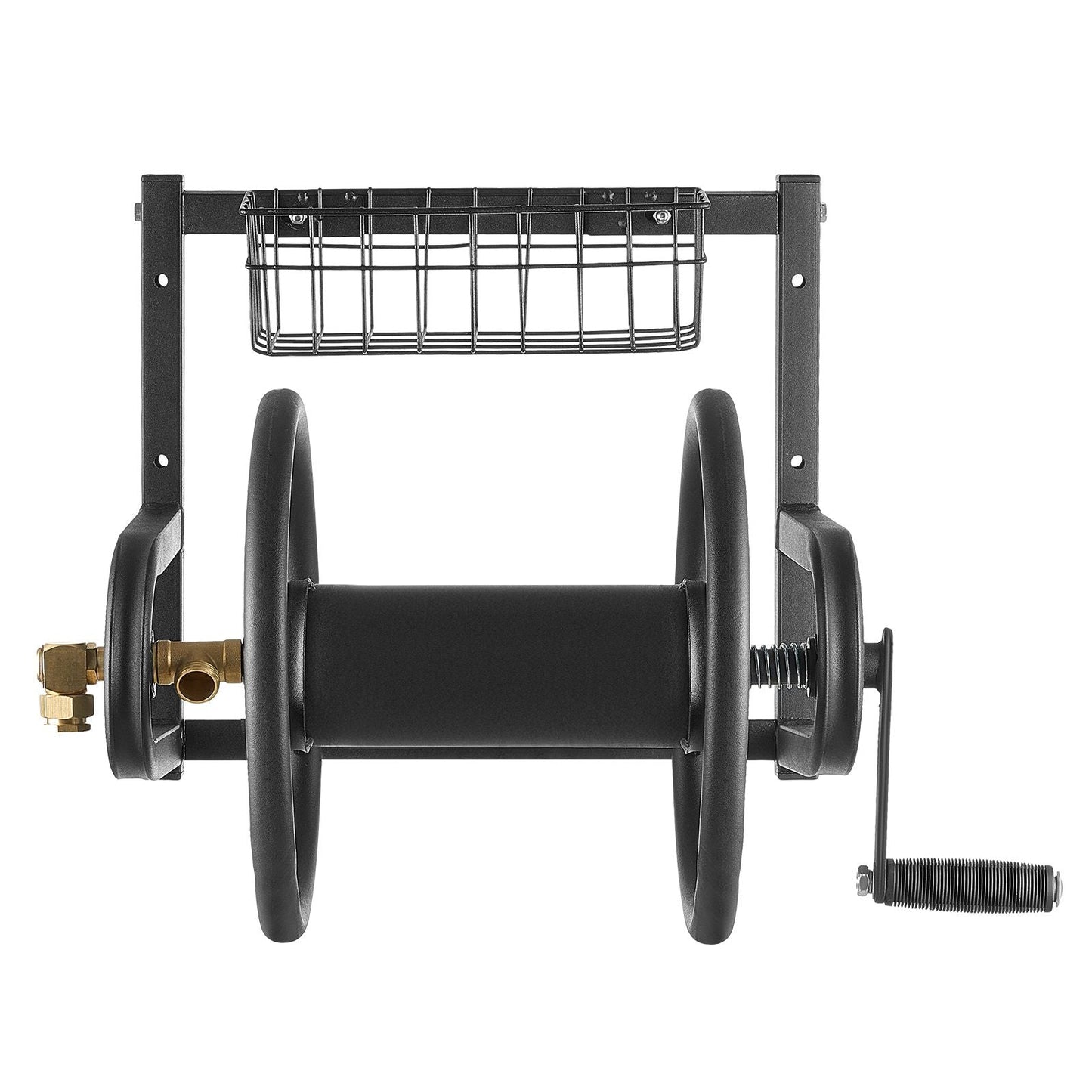 Wall Mounted Garden Hose Reel, Holds 125 ft 5/8-inch Hose, Heavy-Duty Water Hose Winder, Space-Saving Design, Outdoor Manual Reel with Brass Fitting and Storage Basket for Yard Lawn