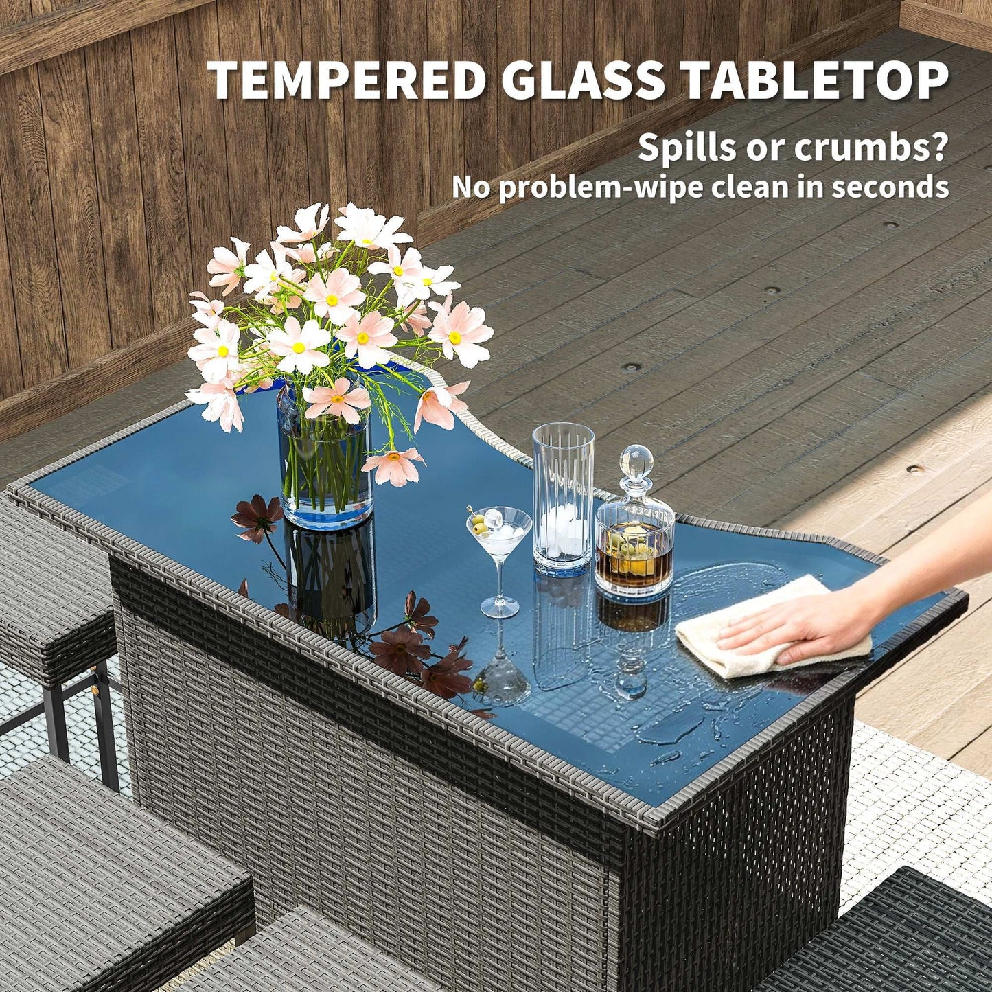 5 Piece Rattan Wicker Bar Set, High Top Outdoor Table and Chairs, Bar Height Patio Set, 2 Shelves & 4 Bar Stools, Gray