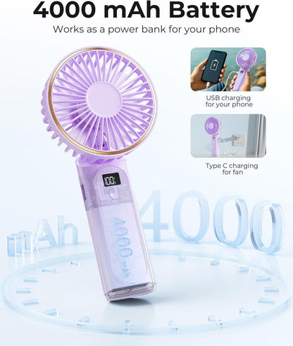 Portable Handheld Fan, Portable Fan Rechargeable, 4000mAh, 180° Adjustable, 6 Speed Wind, Display Electricity in Real Time, USB Rechargeable Foldable F an, Quiet Personal Fan as Power Bank