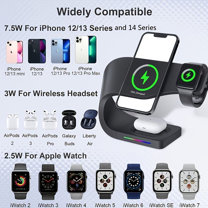 Wireless Charging Station; 3 In 1 Magnetic Fast Charging Wireless Charger Stand For Iphone 14/13/12/11/Pro/X/Max/XS/XR/8/Plus; IWatch7/6/5/4/3/2/SE Airpods 3/2/Pro