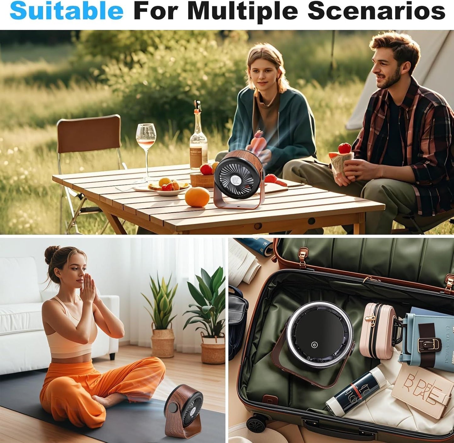 Small Desk Fan 5000mAh Rechargeable Battery Powered -Retro Low Noise Quiet Portable Gentle Blowing with LED Night Light Office Bedroom Table Top Wall Hanging Kitchen Camping Dorm 5-Speed 360° Rotation