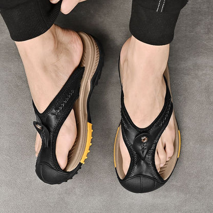 Summer men's new first layer cowhide flip-flops fashion all comfortable men's slippers beach shoes