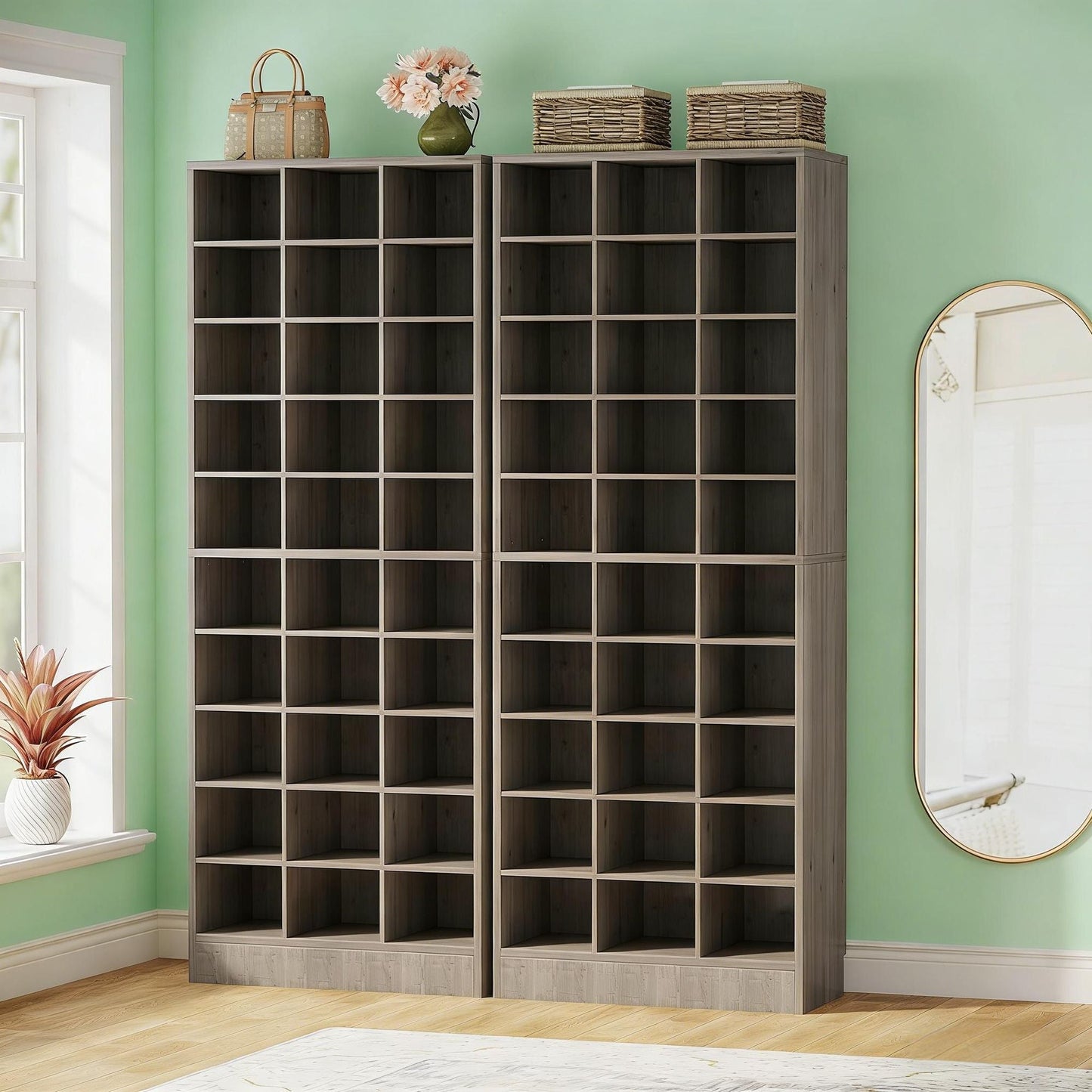 Freestanding Shoe Cabinet, Wooden Shoe Storage Rack with 30 Cubbies