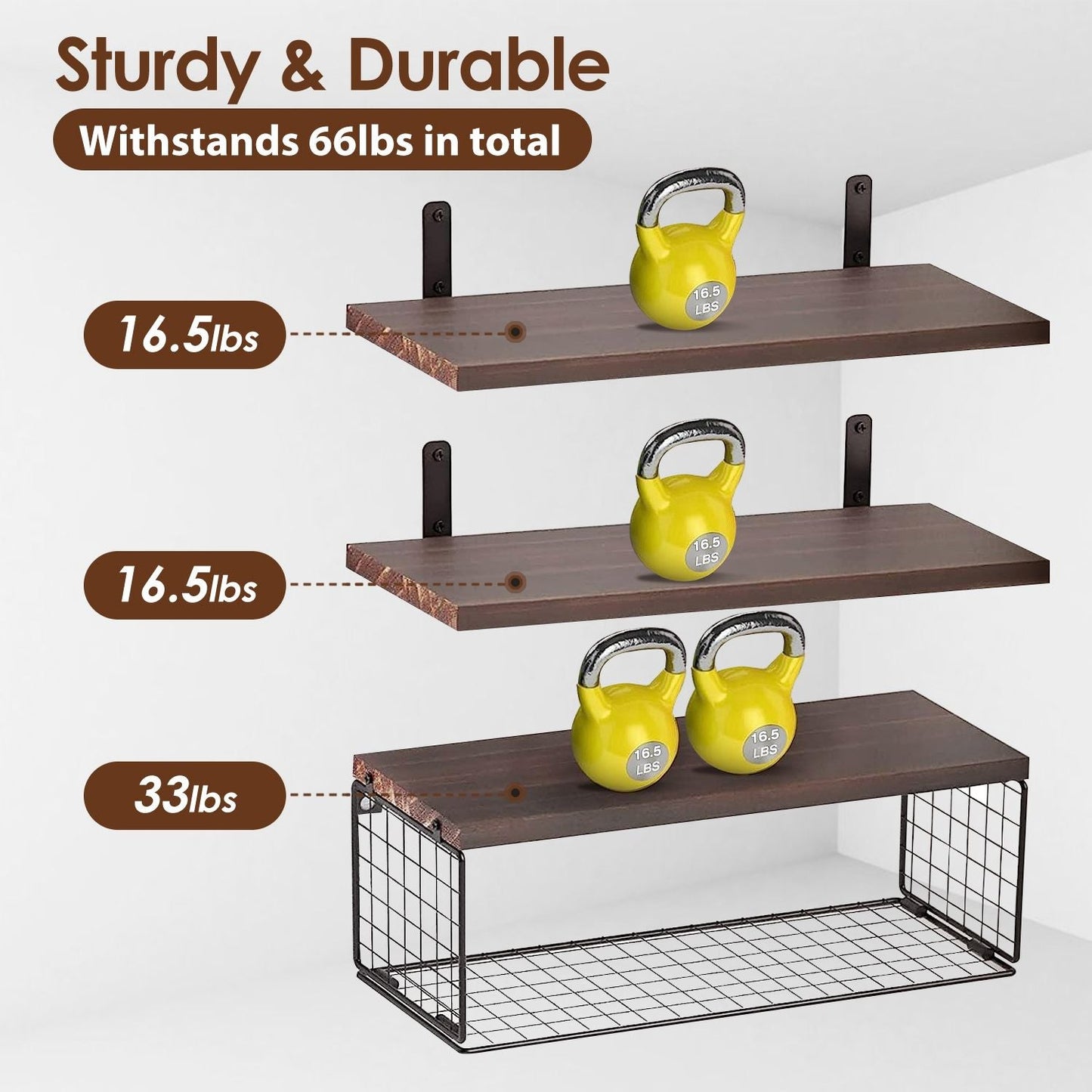 Rustic 2-in-1 Floating Shelves & Storage Basket - Durable Paulownia Wood, 66Lbs Capacity, Corrosion-Resistant Wall Decor