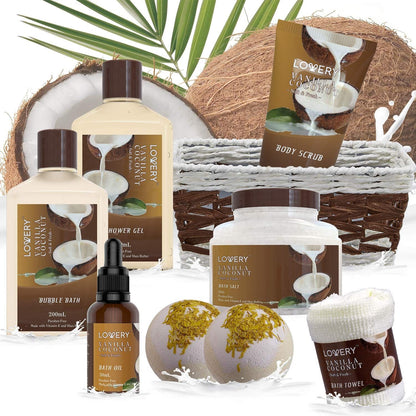 Gifts For Women Gift Basket for Women– 9 Piece Set of Vanilla Coconut Home Spa Set, Luxurious Gifts for Her, Bath and Body Sets Includes Fragrant Lotions, Large Bath Bombs, Coconut Oil