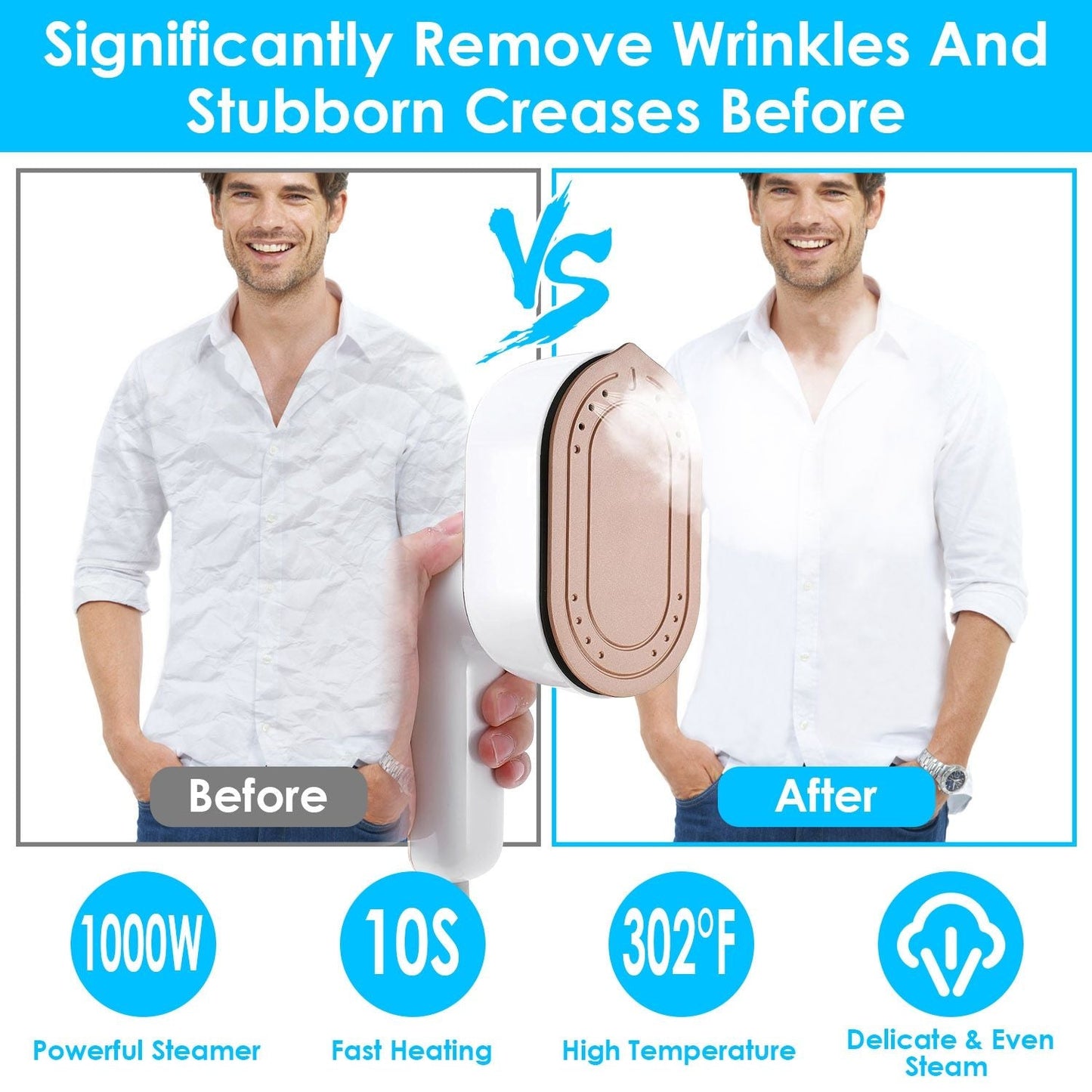 1000W Portable Handheld Steamer for Hang Flat Ironing Travel Garment Steamer with 180° Rotatable Handle 10S Fast Heating Clothing Wrinkles Remover for Home Office Travel