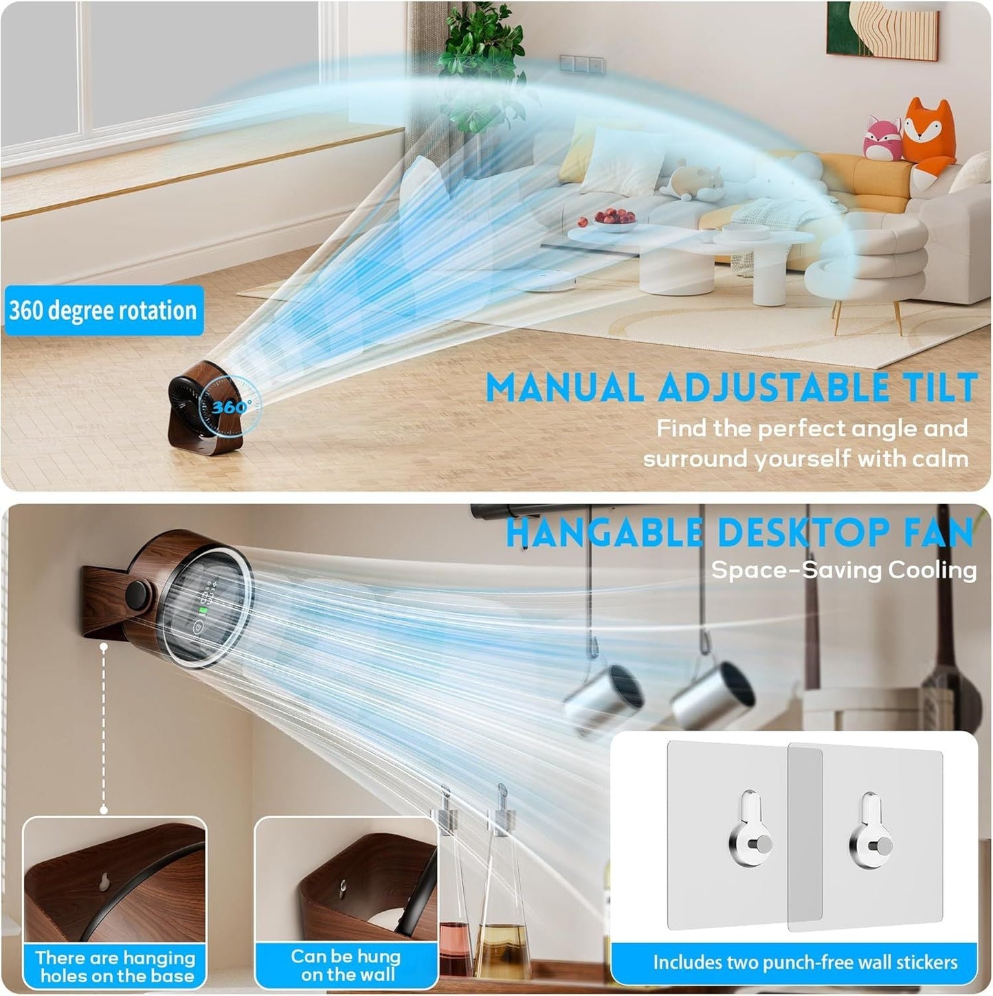 Small Desk Fan 5000mAh Rechargeable Battery Powered -Retro Low Noise Quiet Portable Gentle Blowing with LED Night Light Office Bedroom Table Top Wall Hanging Kitchen Camping Dorm 5-Speed 360° Rotation