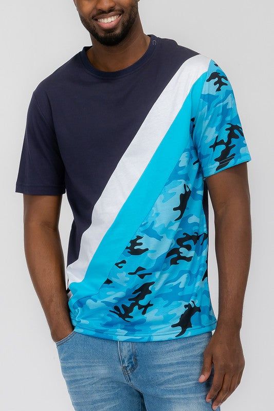 Men's Short Sleeve Camo Color Block Tee for Casual Wear