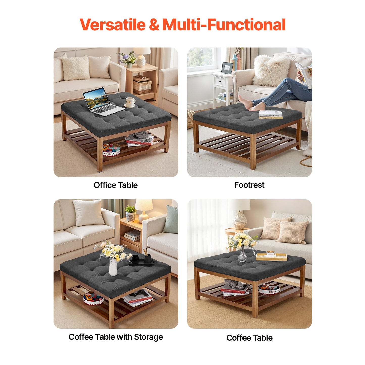 Large Square Ottoman Coffee Table, 34.5 Inch Tufted Coffee Table with Solid Wood Shelf Storage, Linen Solid Upholstered Footrest Ottoman for Bedroom Living Room, 400 LBS, Dark Gray