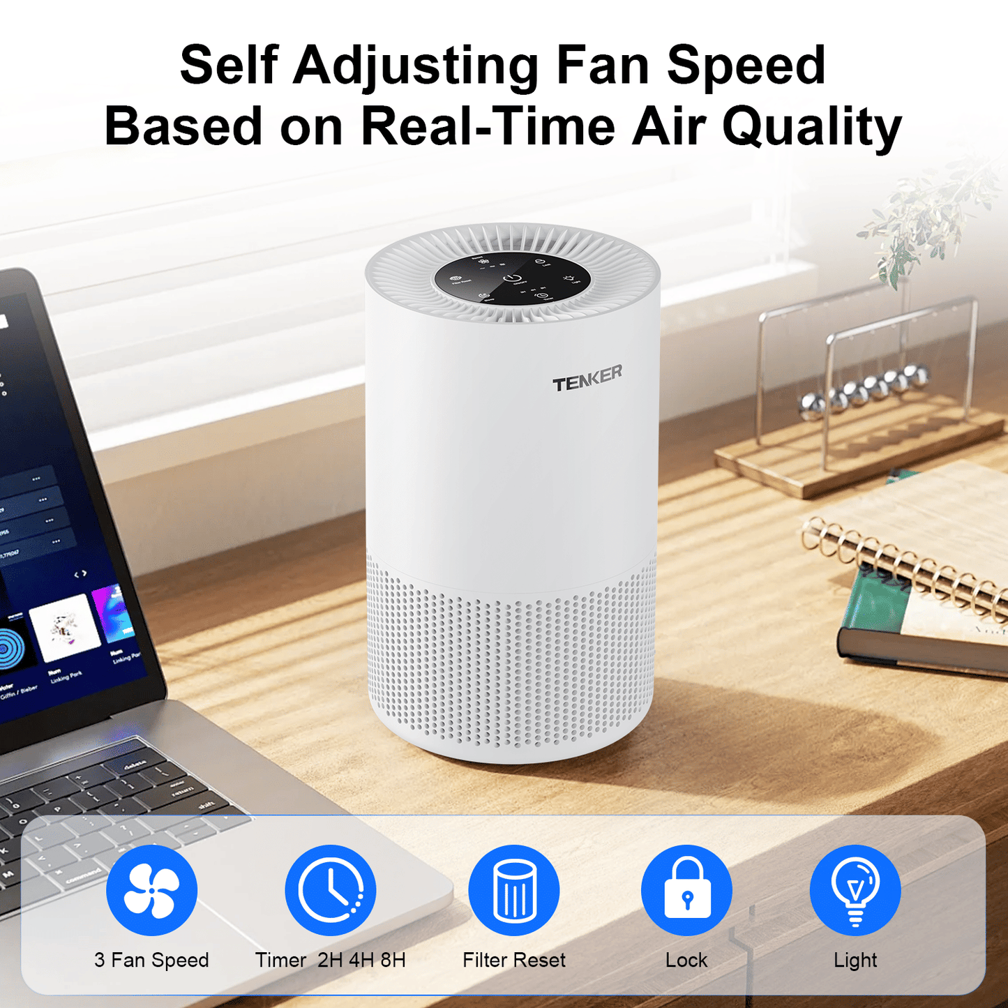 TENKER AP-6980 Air Purifier White US 1300ft² Large Rooms H13 Heap 3-Stage Filtration 3 Speeds 3 Timer w/Light Air Cleaner Machine