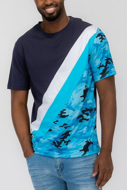 Men's Short Sleeve Camo Color Block Tee for Casual Wear