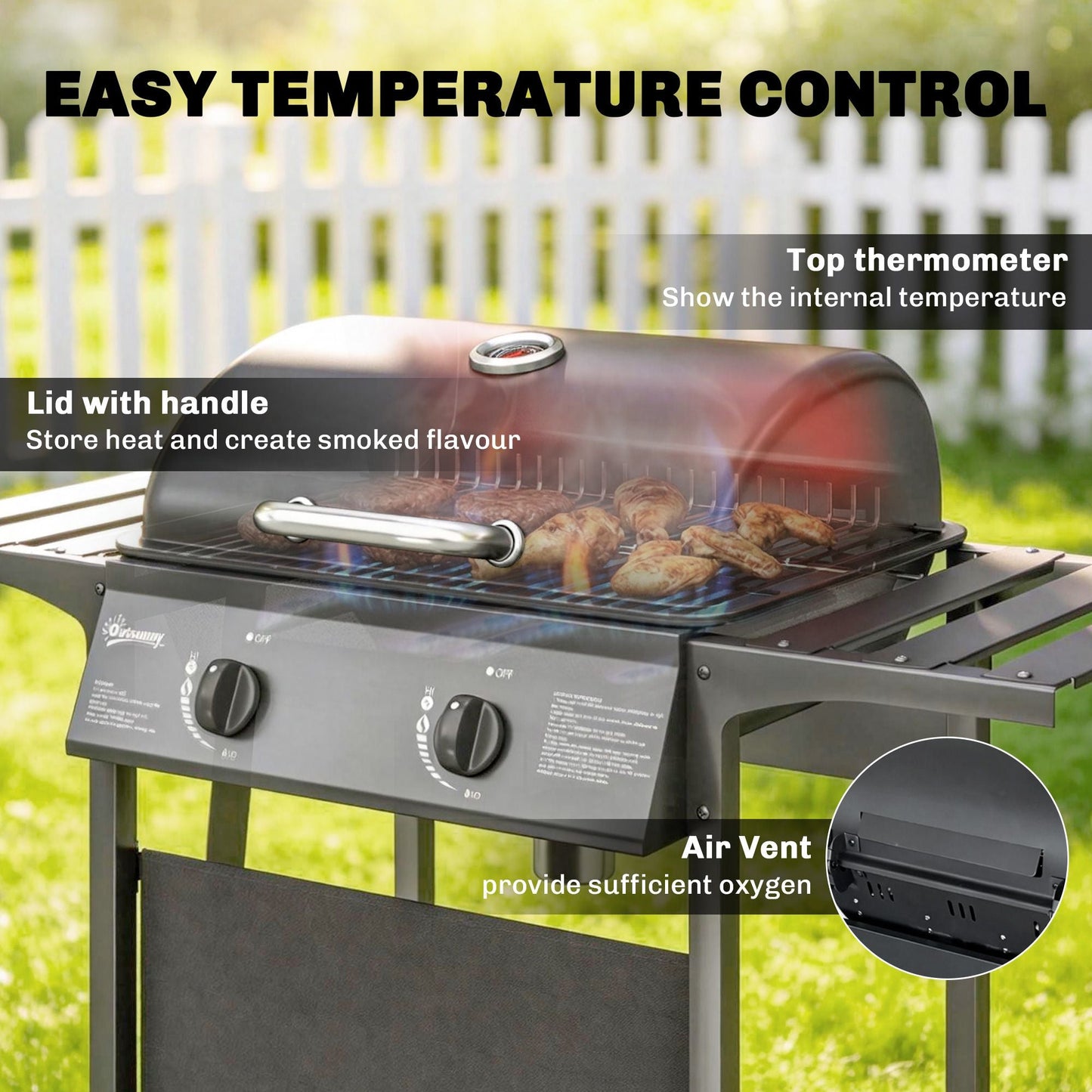 2 Burner Propane Gas Grill, 18000 BTU BBQ Grill with Wheels, Warming Rack, Shelf, Thermometer, Grease Cup, Black