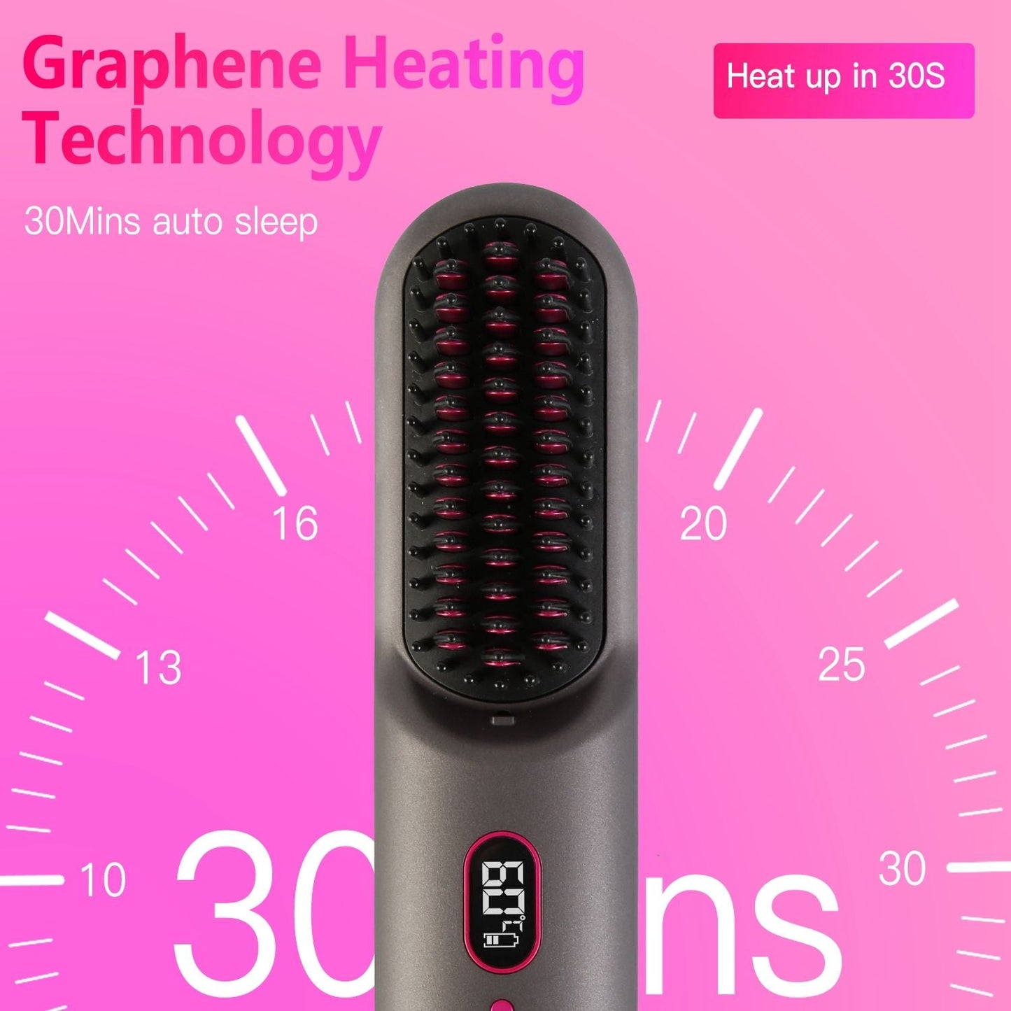 Cordless Negative Ion Hair Straightener Brush Rechargeable Mini Styling Comb with 12 Heating Levels Anti-scald 30S Preheating 30Mins Auto Sleep LCD Display