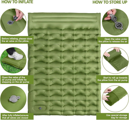 Camping Sleeping Pad, Ultralight Camping Mat with Pillow Built-in Foot Pump, 4" Thick Inflatable Sleeping Mat Compact for Backpacking, Hiking, Car Traveling, Camp Tent