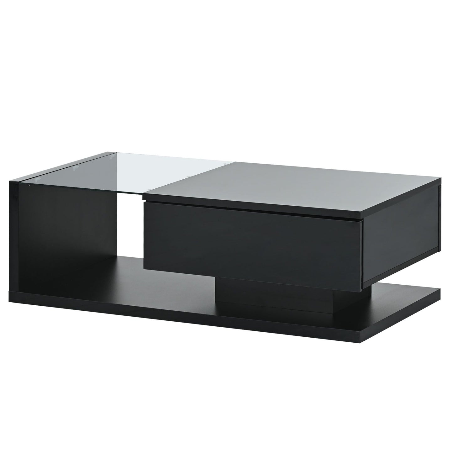 [VIDEO provided] ON-TREND Modern Coffee Table with Tempered Glass, Wooden Cocktail Table with High-gloss UV Surface, Modernist 2-Tier Rectangle Center Table for Living Room, Black
