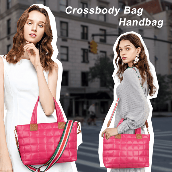 Puffer Tote Bag for Women with Zipper, Quilted Puffy bag Lightweight Crossbody Hobo Padded Handbag with Strap-Rose