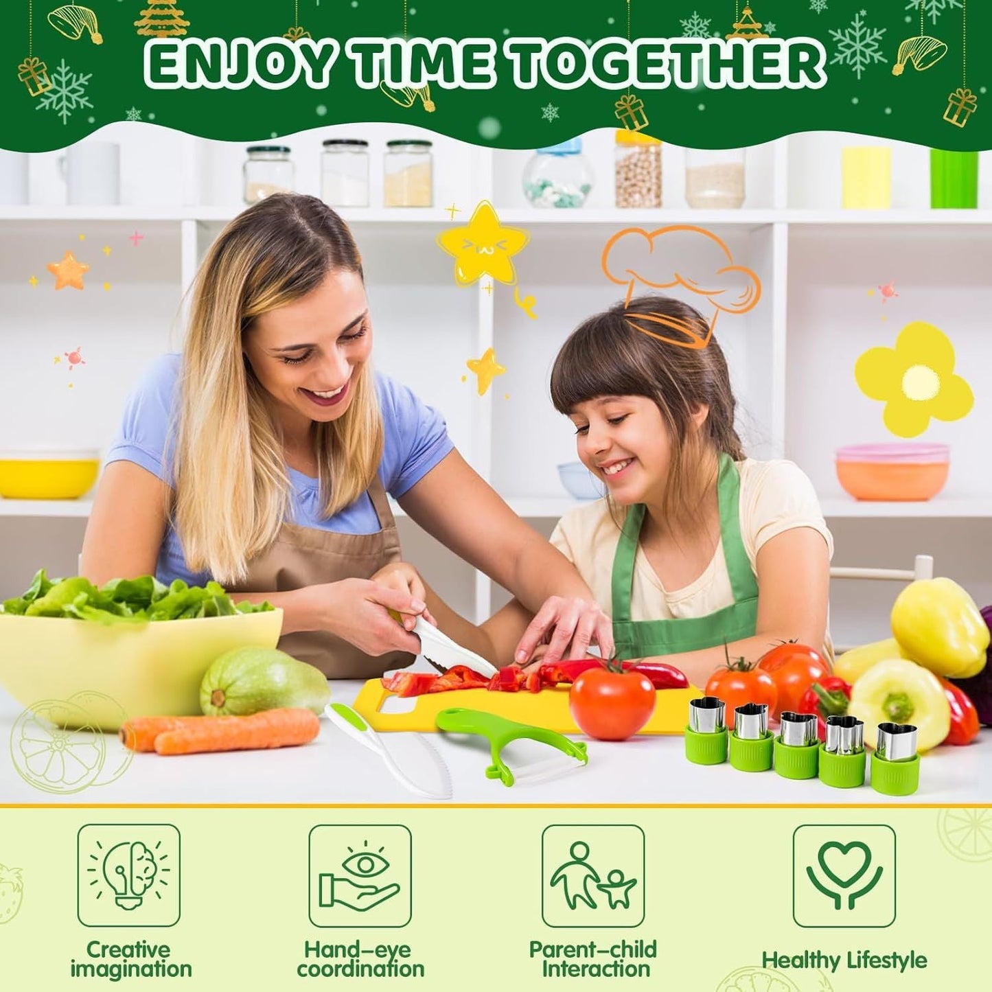 28PCS Knife Set - Kids Knifes for Real Cooking, Montessori Kids Kitchen Knife Set with Cutting Board Crinkle Cutters Kid Safe Knives, Kitchen Tools Old Girl Boy