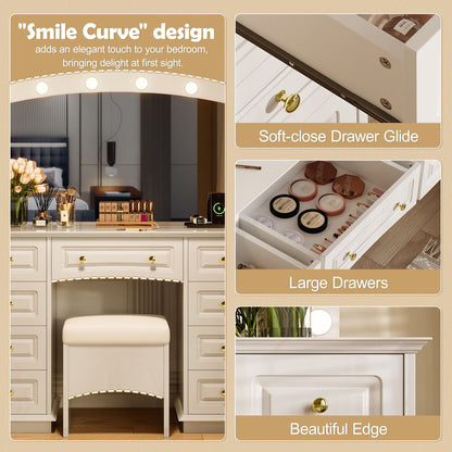 Luxurious Makeup Vanity with 10 Hollywood Bulbs, 3 Color Lighting Modes, Classic Dressing Table with Cushioned Stool and 9 Storage Drawers for Bedroom
