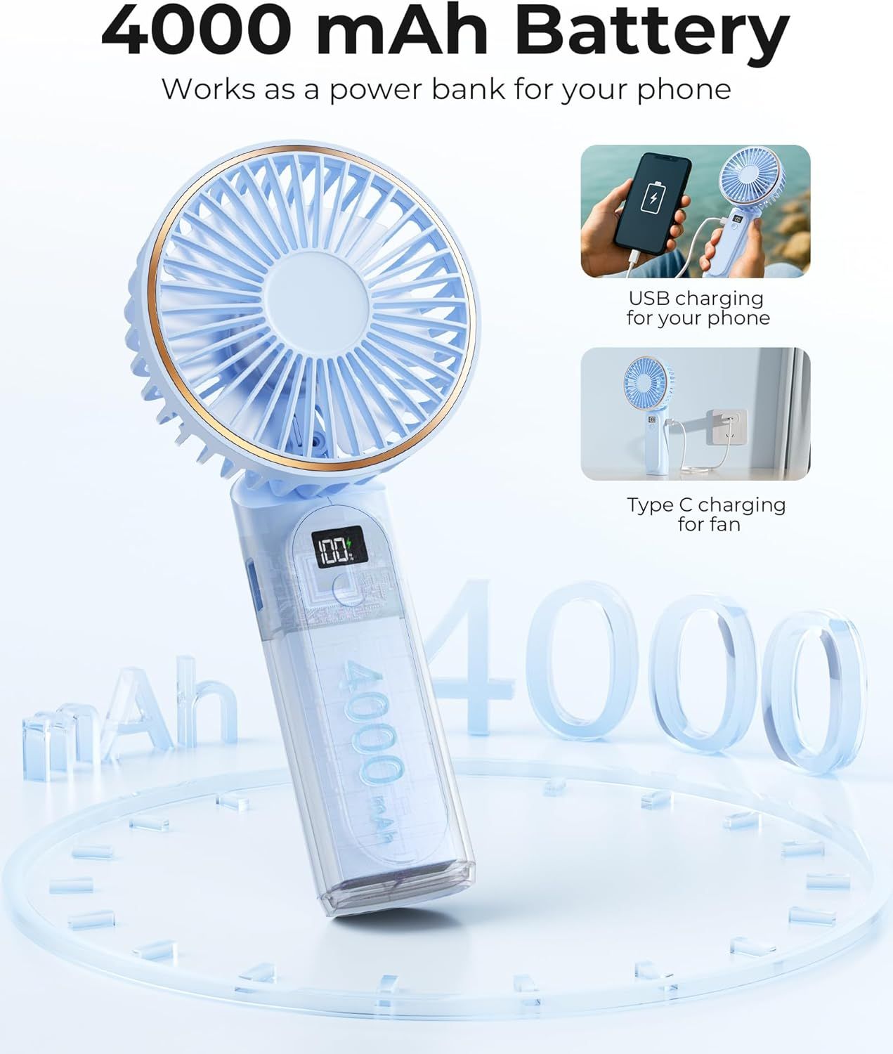 Portable Handheld Fan, Portable Fan Rechargeable, 4000mAh, 180° Adjustable, 6 Speed Wind, Display Electricity in Real Time, USB Rechargeable Foldable F an, Quiet Personal Fan as Power Bank
