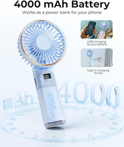 Portable Handheld Fan, Portable Fan Rechargeable, 4000mAh, 180° Adjustable, 6 Speed Wind, Display Electricity in Real Time, USB Rechargeable Foldable F an, Quiet Personal Fan as Power Bank