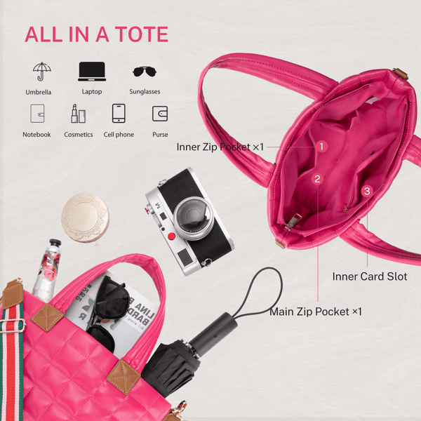 Puffer Tote Bag for Women with Zipper, Quilted Puffy bag Lightweight Crossbody Hobo Padded Handbag with Strap-Rose