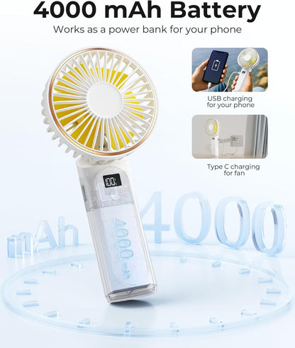 Portable Handheld Fan, Portable Fan Rechargeable, 4000mAh, 180° Adjustable, 6 Speed Wind, Display Electricity in Real Time, USB Rechargeable Foldable F an, Quiet Personal Fan as Power Bank