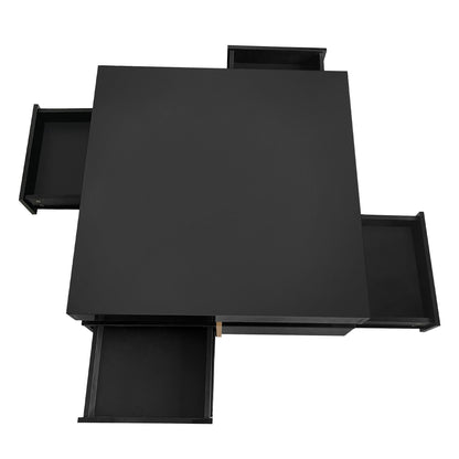 Sleek Black High Gloss Modern Coffee Table with 4 Drawers for Organized Living Rooms, Square Design with Wood Grain Legs, Ideal Cocktail Table 31.5''x31.5''