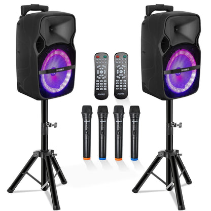 5 Core Party Speaker Bluetooth 250W Big Monster Powered Rechargeable Outdoor PA DJ System w Disco Lights 2 Wireless Karaoke Mics Portable Rolling Speakers w Handle Black - ACTIVE HOME 8 2-MIC