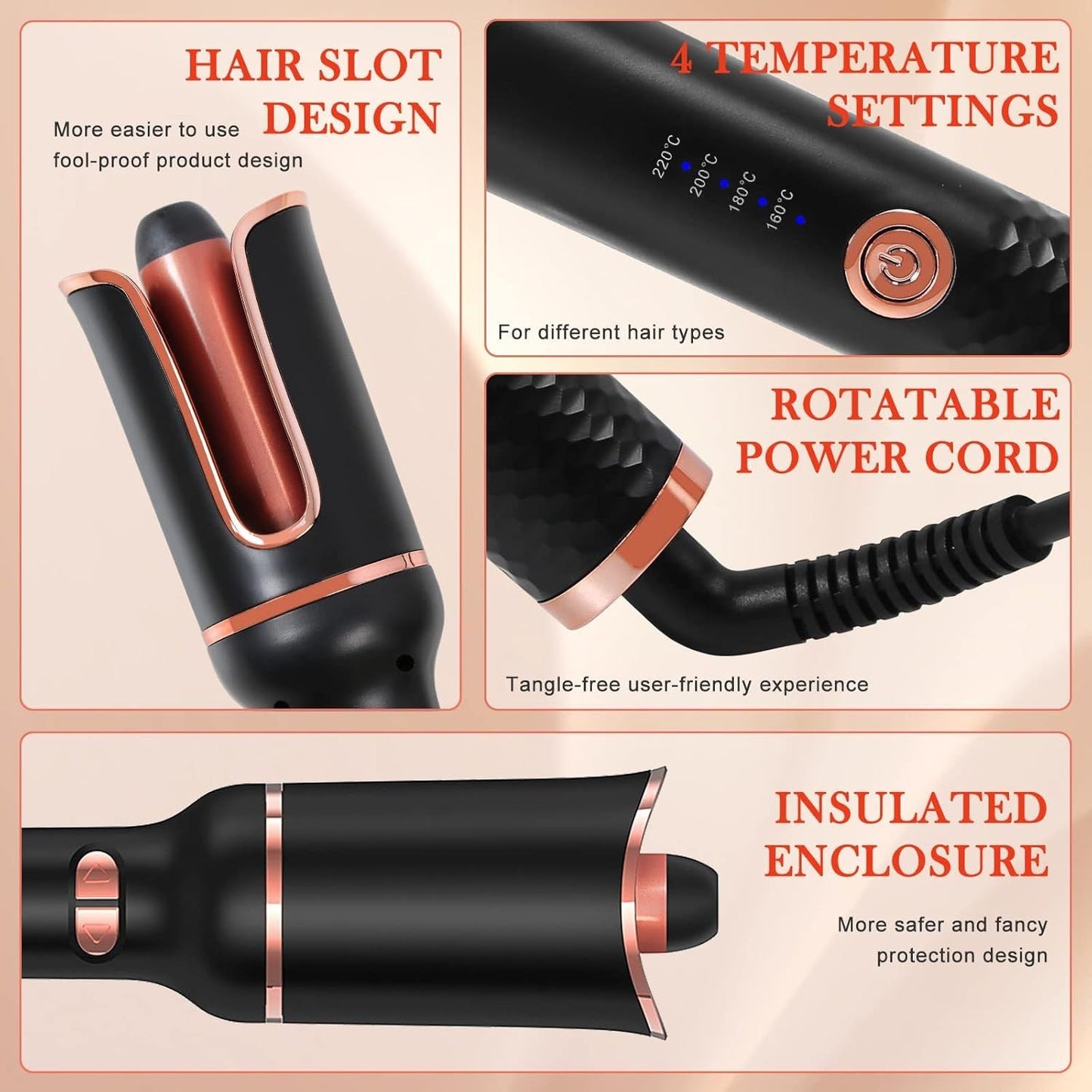 Automatic Curling Iron, Ceramic Ionic Auto-Rotating Hair Curling Wand with Anti-Stuck Technology - Black