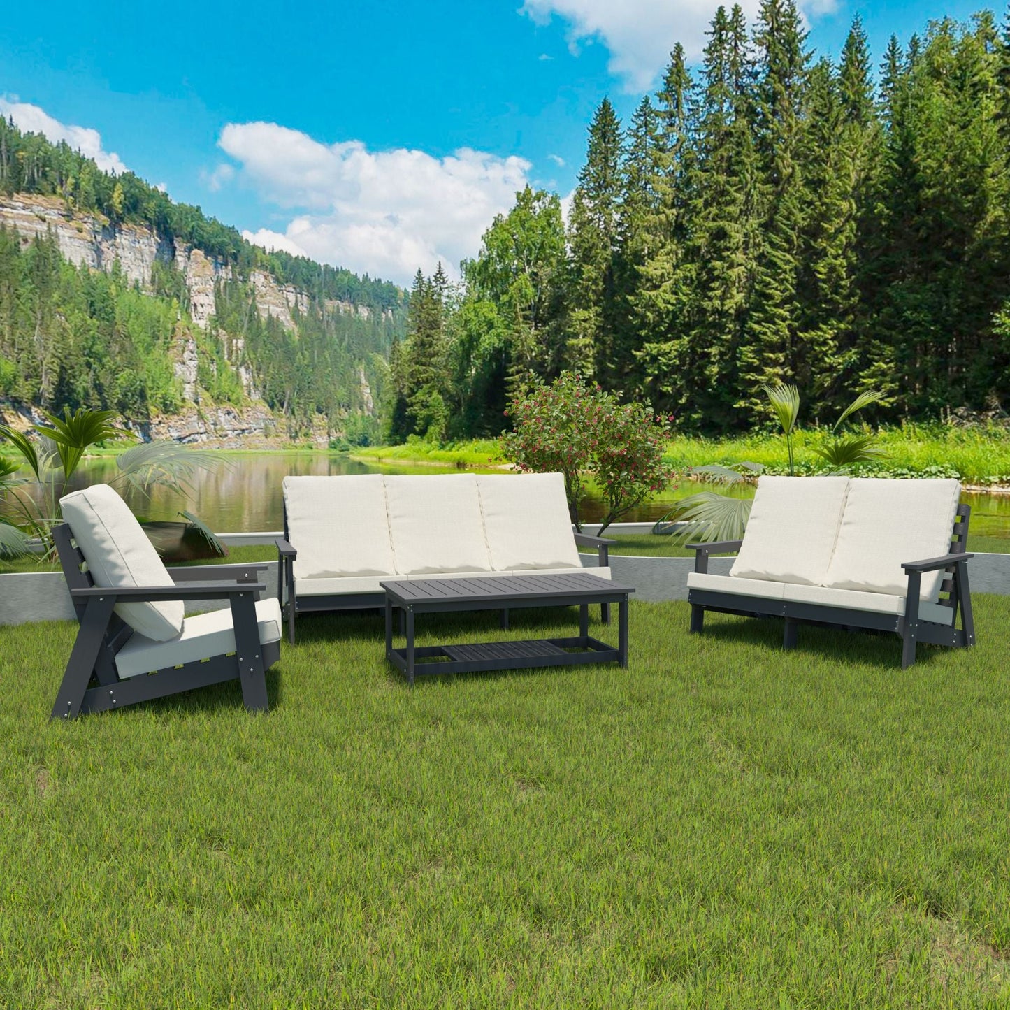 HIPS Loveseat with Cushion, Wood Grain Outdoor Garden Sofa, Sofa Set for Porch, Poolside, Terrace, and Yard Grey/Beige