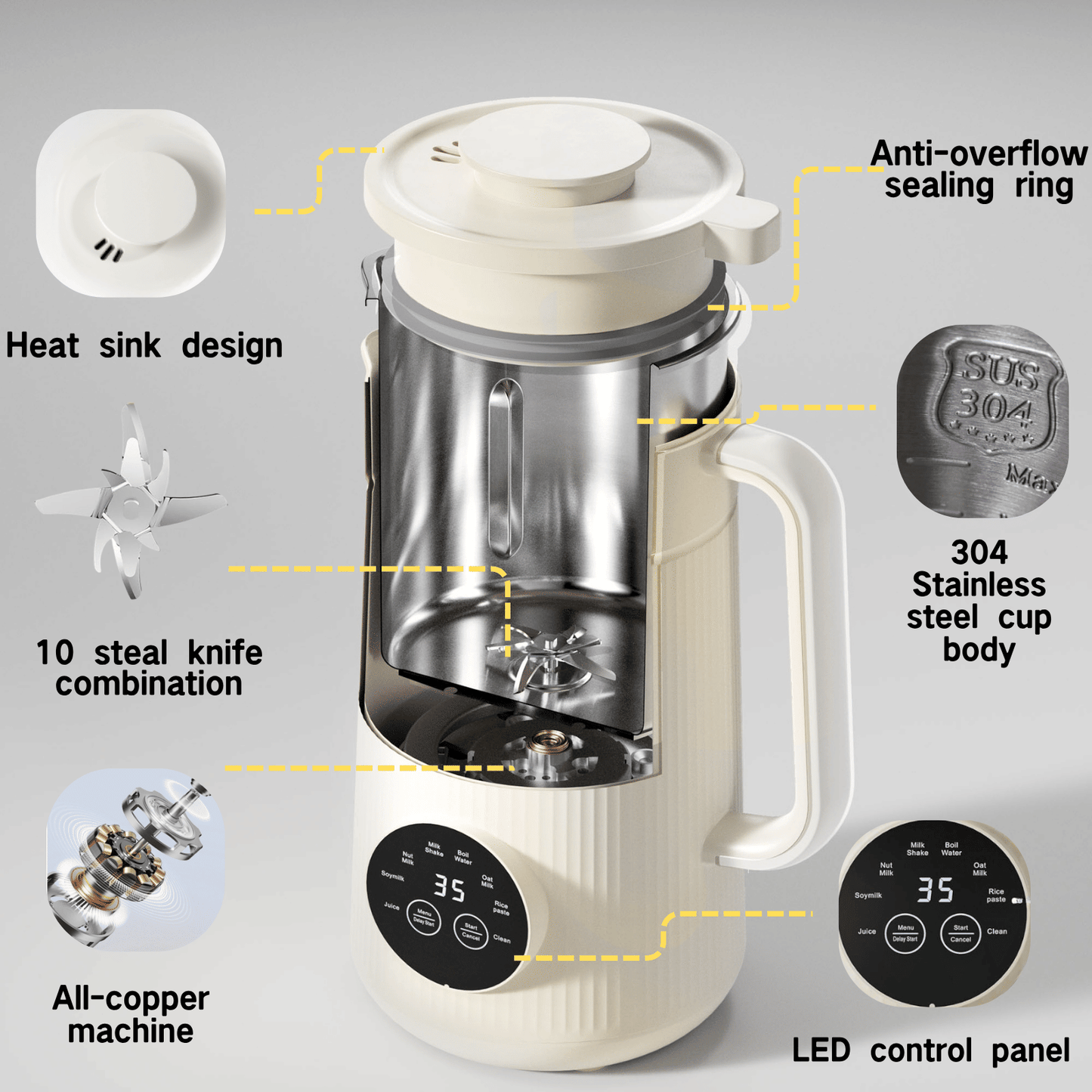8 in 1 Automatic Nut Milk Maker Machine,35oz Multi-Functional Soy Milk Maker with 10 Blades, Plant-Based, Oat, Almond, Dairy Free Beverages with 12h Timer, Heating, Auto-clean, Keep Warm 2h