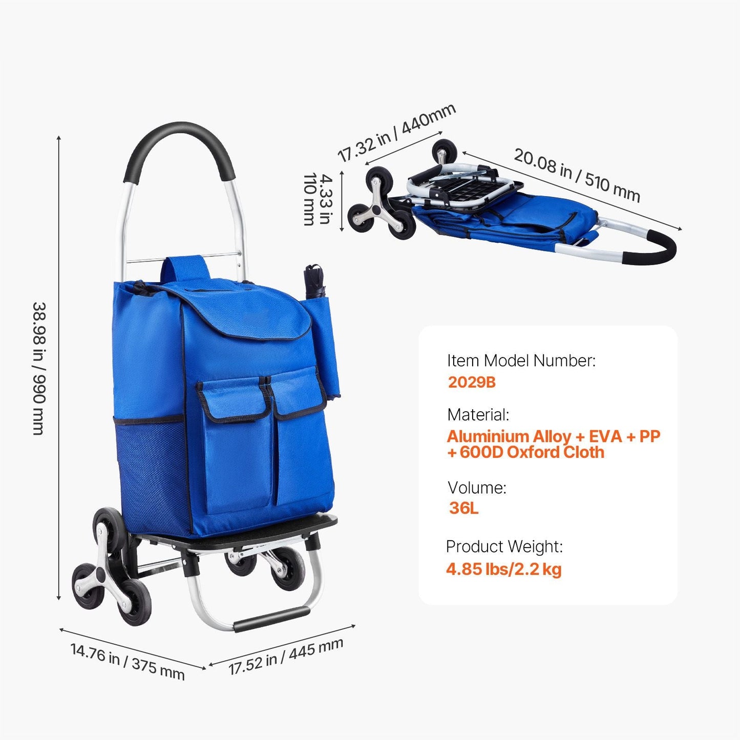 Stair Climber Trolley Dolly, 36L Folding Shopping Cart, Grocery Cart Trolley Laundry Stair Climbing Handcart with 6 Wheels & Oxford Cloth Bag, Foldable Cart for Shopping Grocery Laundry Climbing