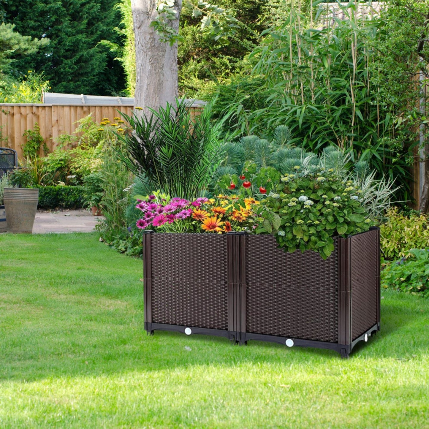 Raised Garden Bed with Self-watering System Rectangle Garden Planter for Garden Patio Balcony Elevated Planter Box for Flowers Vegetables Herbs