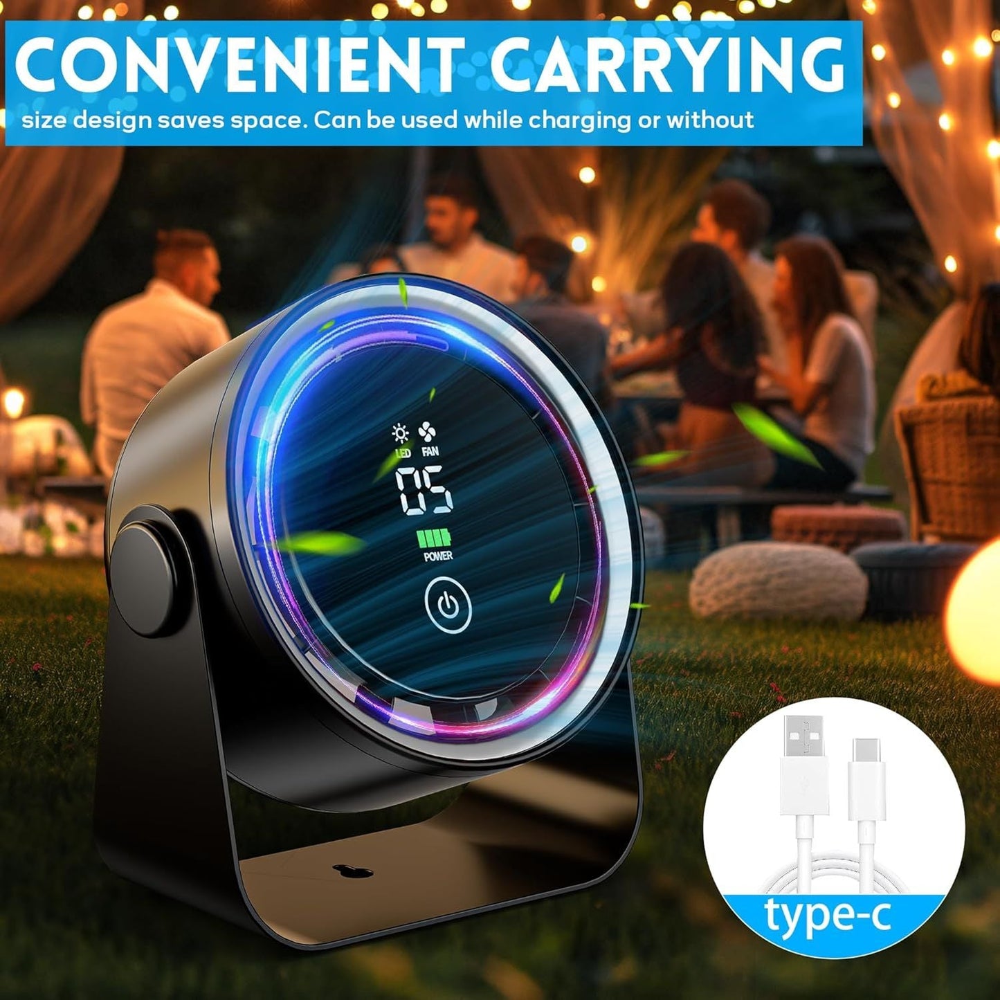Small Desk Fan 5000mAh Rechargeable Battery Powered -Retro Low Noise Quiet Portable Gentle Blowing with LED Night Light Office Bedroom Table Top Wall Hanging Kitchen Camping Dorm 5-Speed 360° Rotation