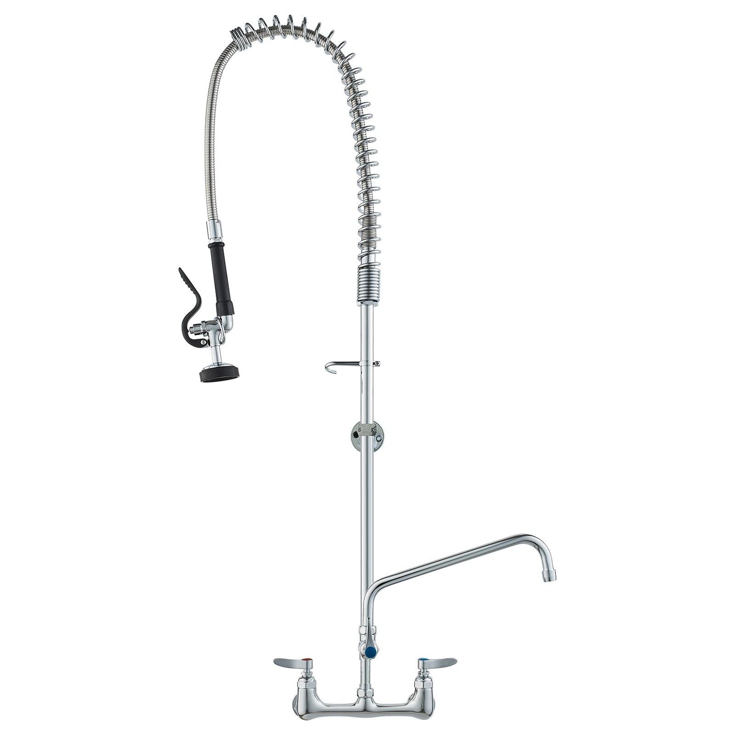 Wall-Mounted Kitchen Faucet, 47" Tall, 8" Apart, with 12" Rotating Spout and Pre-Rinse Spray, Brass Build, Pull-Down Feature for Multi-Compartment Sinks