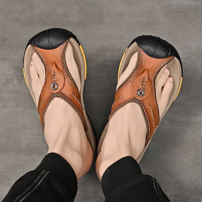 Summer men's new first layer cowhide flip-flops fashion all comfortable men's slippers beach shoes