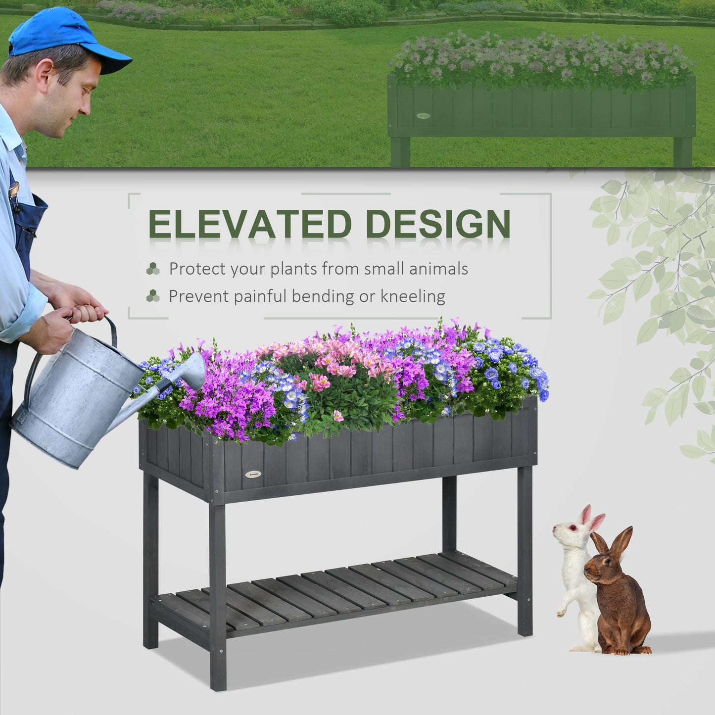 Elevated Planter Box Stand Wooden with 8 Slots and Shelf Dark Grey for Herbs Veggies Flowers