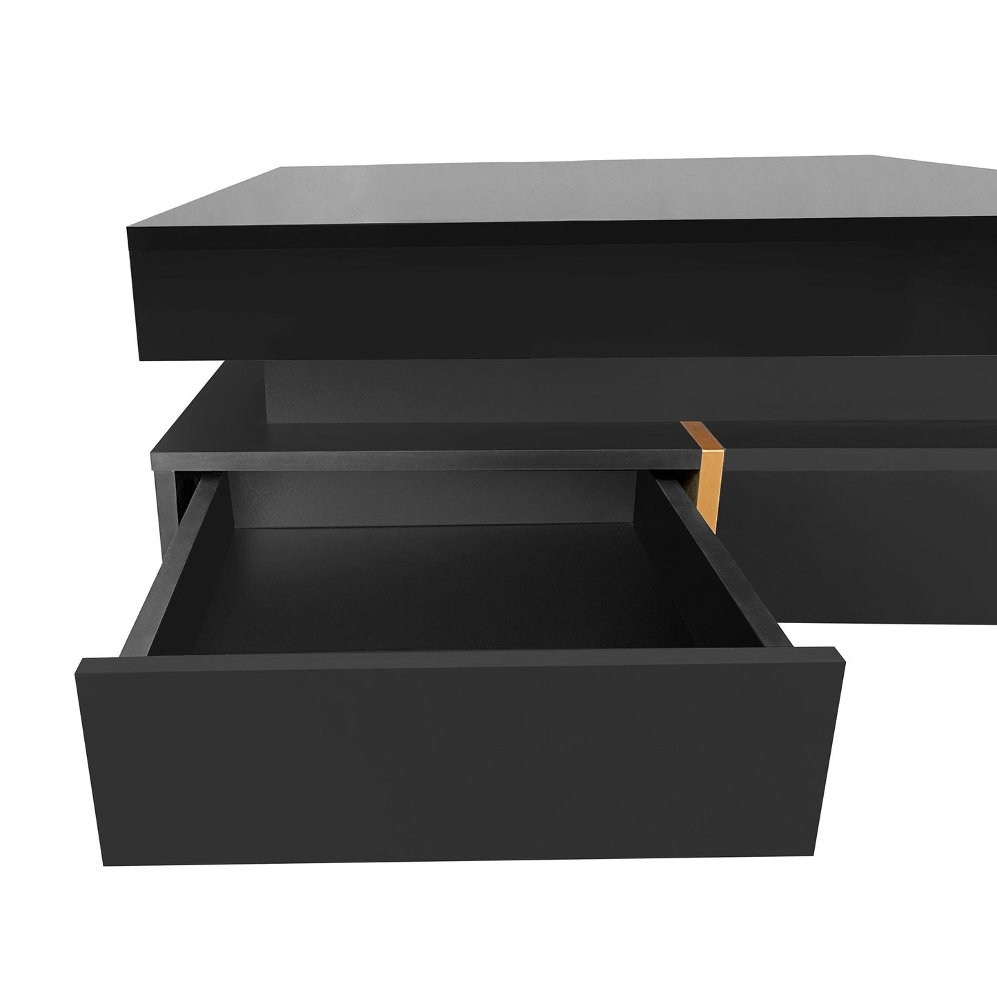 Sleek Black High Gloss Modern Coffee Table with 4 Drawers for Organized Living Rooms, Square Design with Wood Grain Legs, Ideal Cocktail Table 31.5''x31.5''