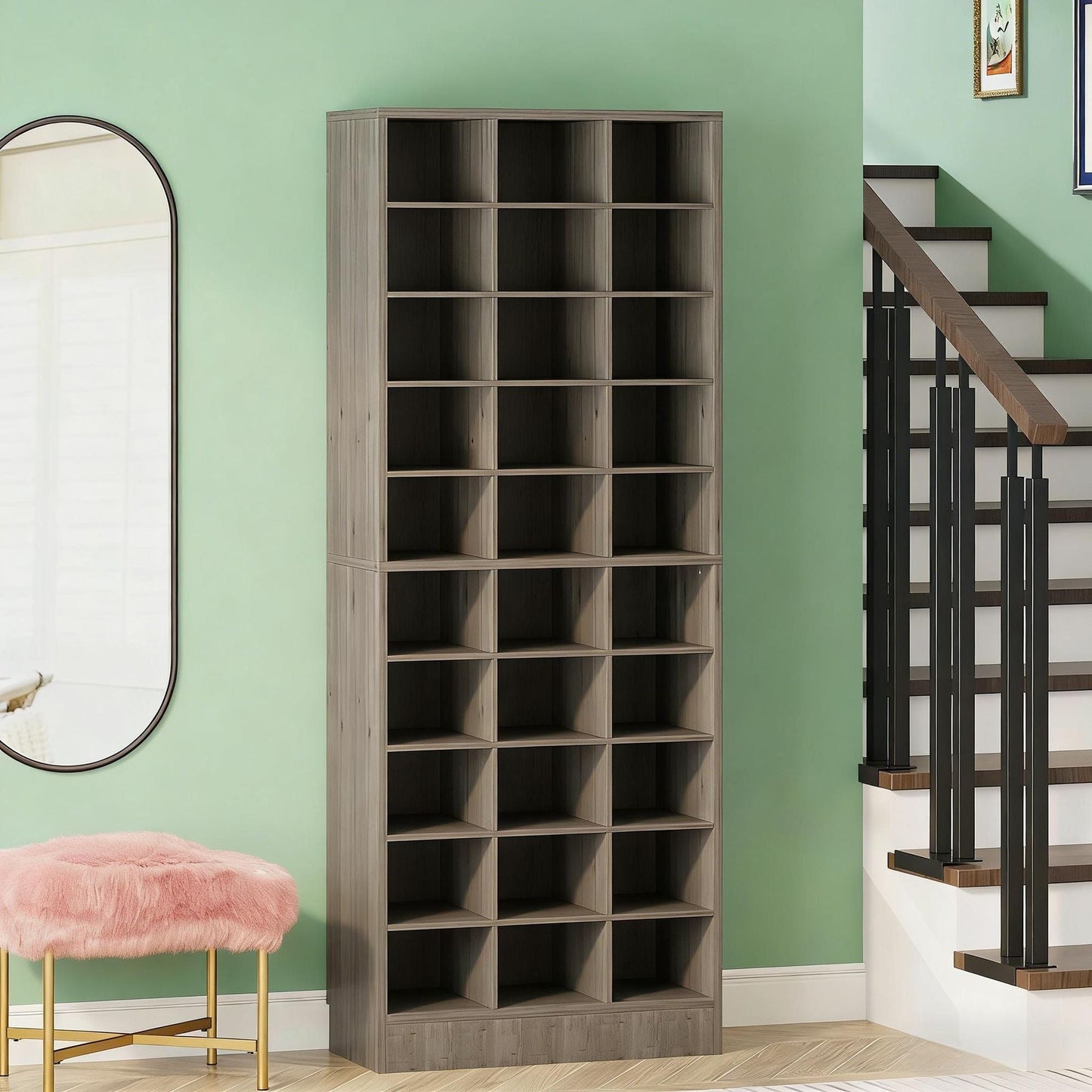 Freestanding Shoe Cabinet, Wooden Shoe Storage Rack with 30 Cubbies