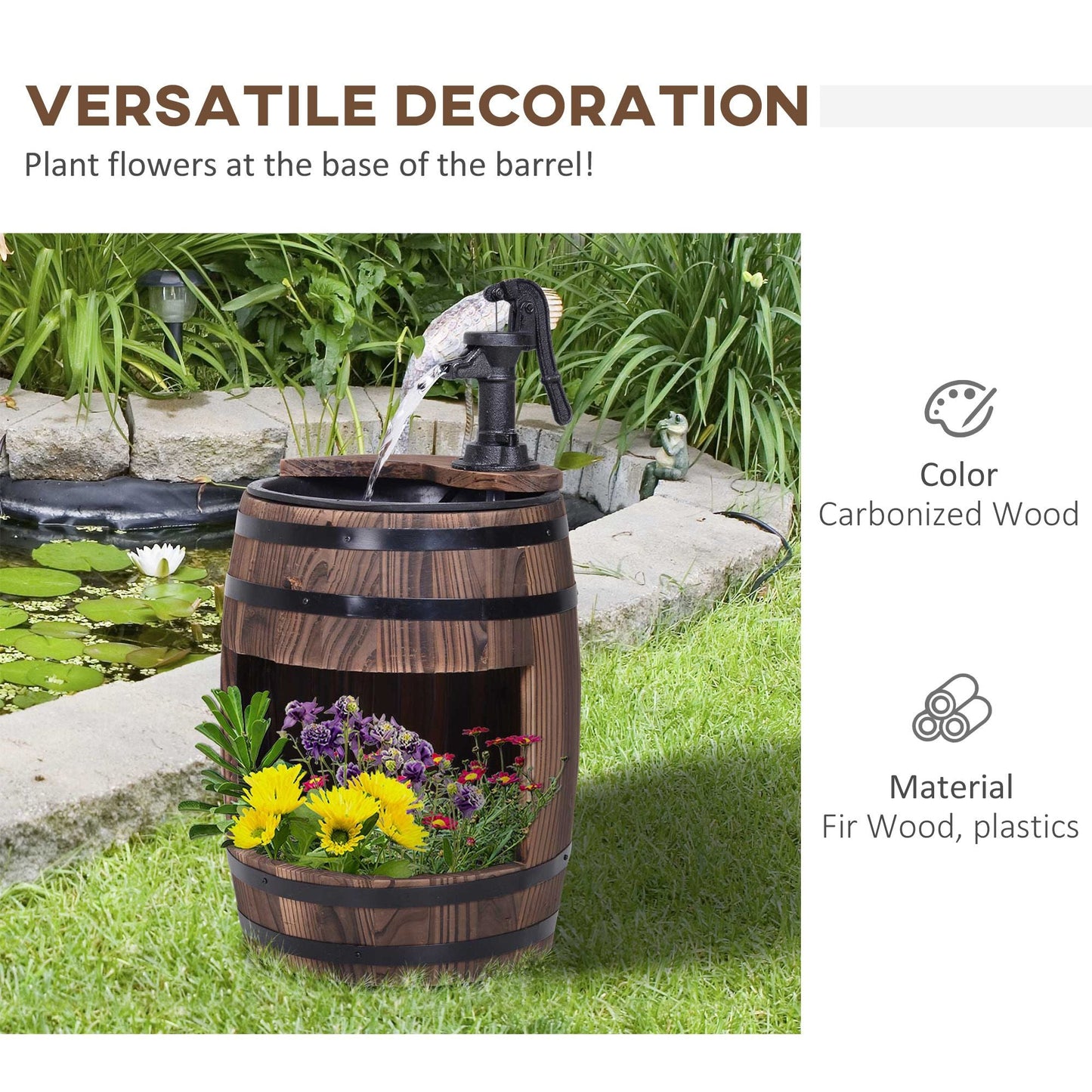 2-Tier Wooden Water Pump Fountain with Flower Box Base Durable Design for Garden Decor