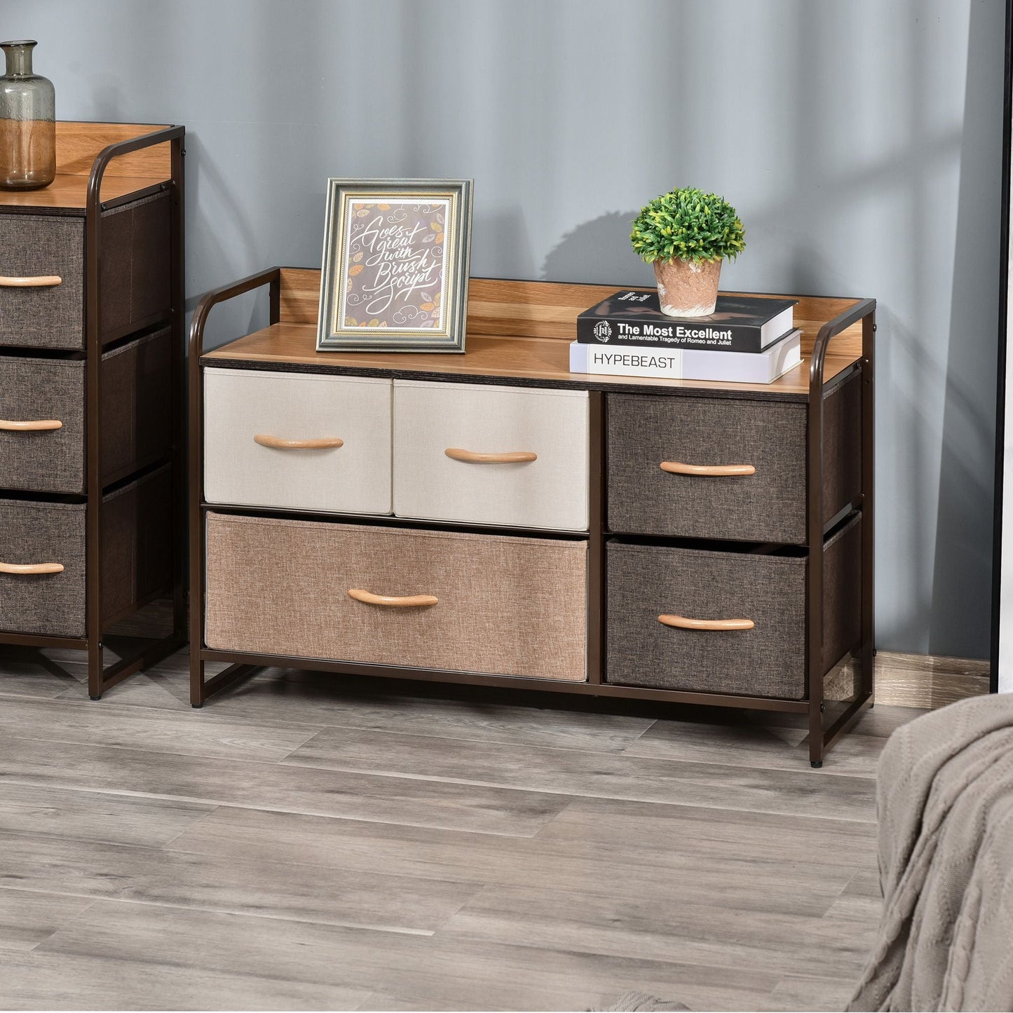 5-Bin Dresser Storage Tower Cabinet Organizer Unit, Chest Dresser Drawers with Metal Frame for Bedroom, Multicoloured
