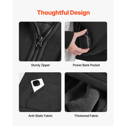 Heated Jacket Hoodie for Men Women, Heated Sweatshirt Unisex Full-Zip with 7.4V 16000mAh Power Bank Pack, 5 Heating Zones, 3 Temp Levels, 4-8H Warmth, for Winter Outdoor Camping, Black, XL Size